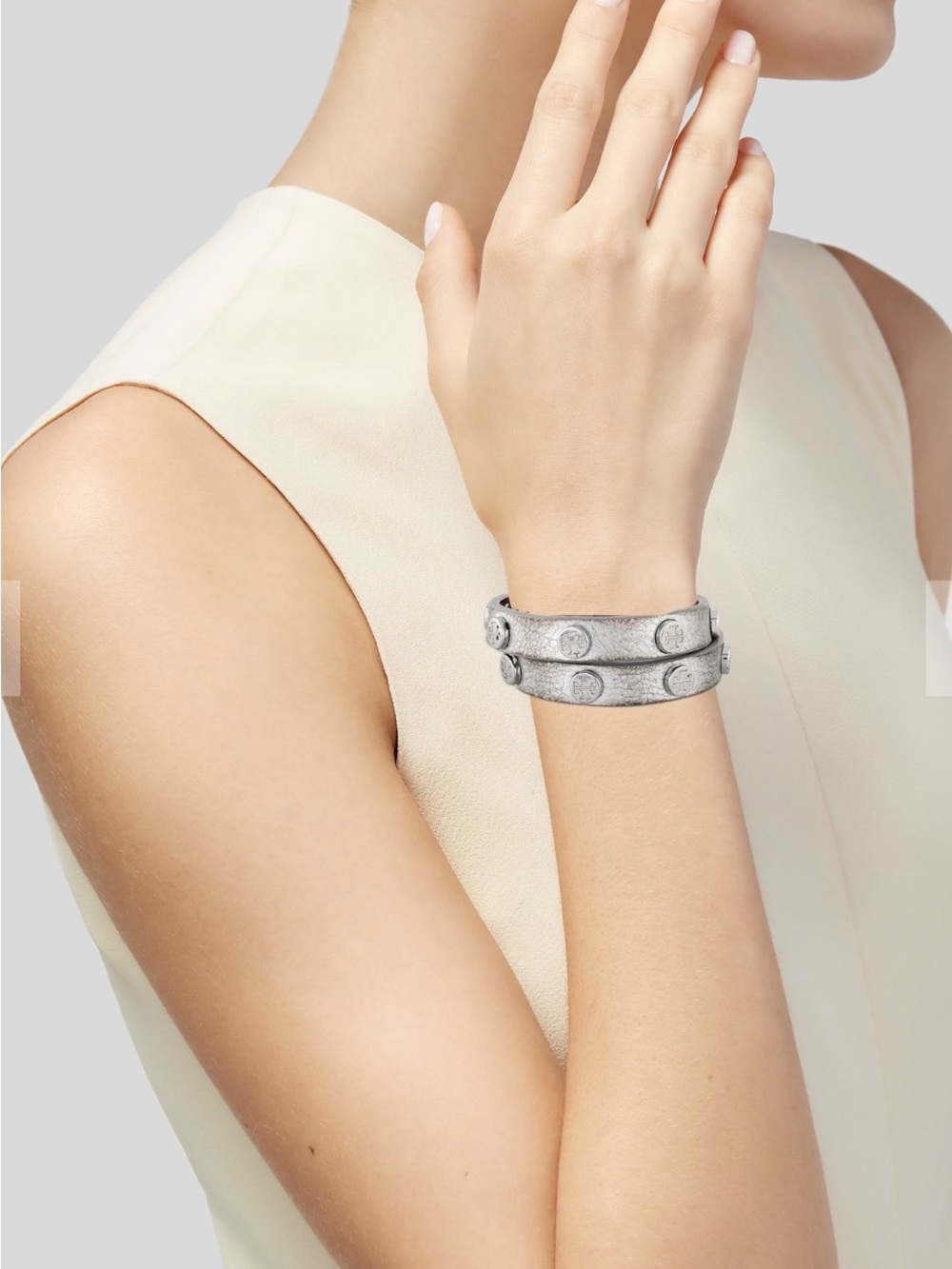 Tory Burch Metallic Silver Logo-Stud Slim Bracelet